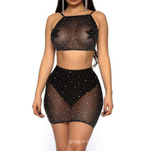 Mature Big Woman Two Piece Chest Wrap Cover Up Hip Skirt Rhinestone See Through Nightclub Wear Sexy Lingerie Set